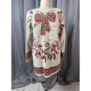 Christmas Sweater Tunic with Bows Ornament and Plaid Embellishment Sz L